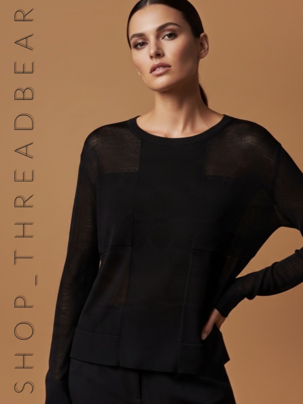 EUC [Halogen · Nordstrom] Black Semi-Sheer Knit Cotton Cross Sweater | Medium